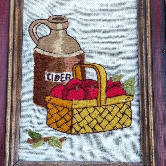 Crewel art frame needlework kitchen coffee grannycore  fall kitsch 70s vtg - Picture 5 of 12